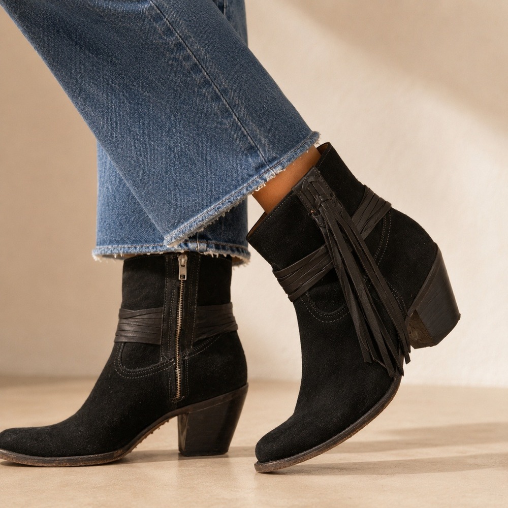 Lucchese Black Suede Fringe Western Ankle Boots 10B Boho Leather M6000 Booties
